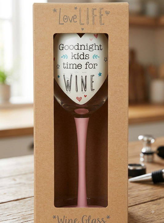 'Goodnight Kids, Time For Wine' Wine Glass With Pink Stem