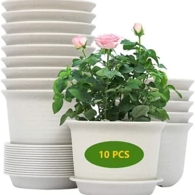 KAHEIGN 10Pcs Plastic Flower Pots, 15cm Thicken Plant Pots Plant Container Indoor Gardening Pot with Drainage Pallet (White Grey)