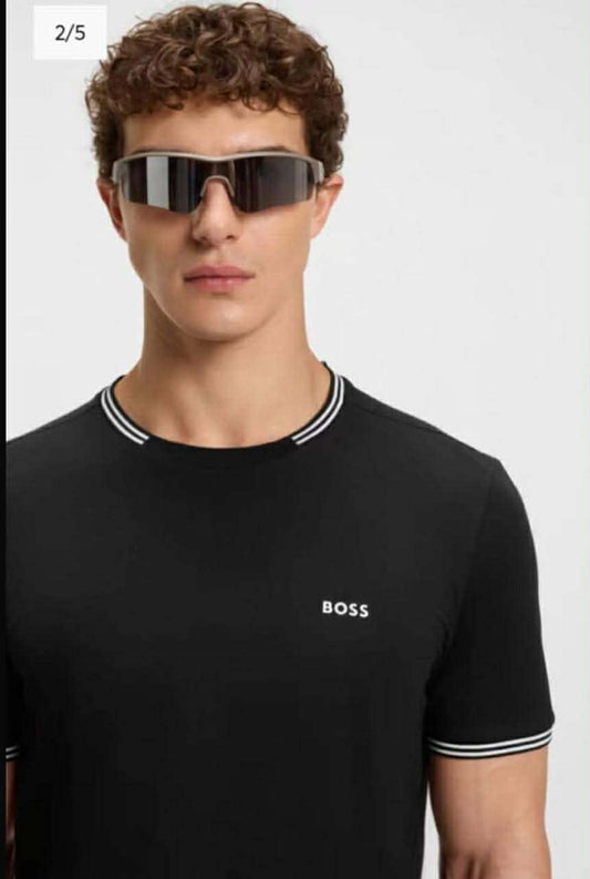 Black Boss Tshirt with White Stripe Collar various sizes