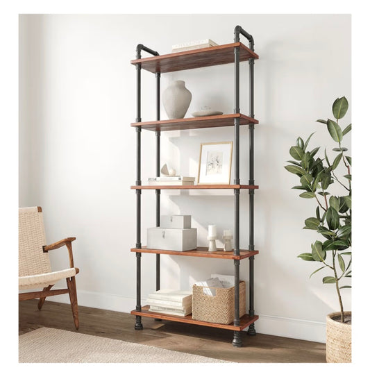 Barnyard Designs Furniture 5-Tier Etagere Bookcase, Solid Pine Open Wood Shelves, Rustic Modern Industrial Metal and Wood Style Bookshelf, Brown, 179 x 75 x 30cm
