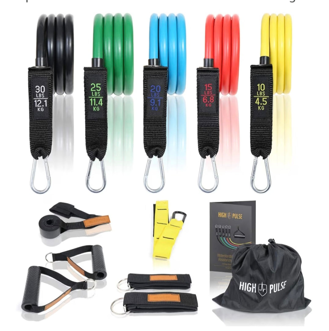 High Pulse Resistance Bands Set with 5 Strengths Including Foot Slings, Handles, Door Anchor, Expander and Exercise Poster for Fitness Training