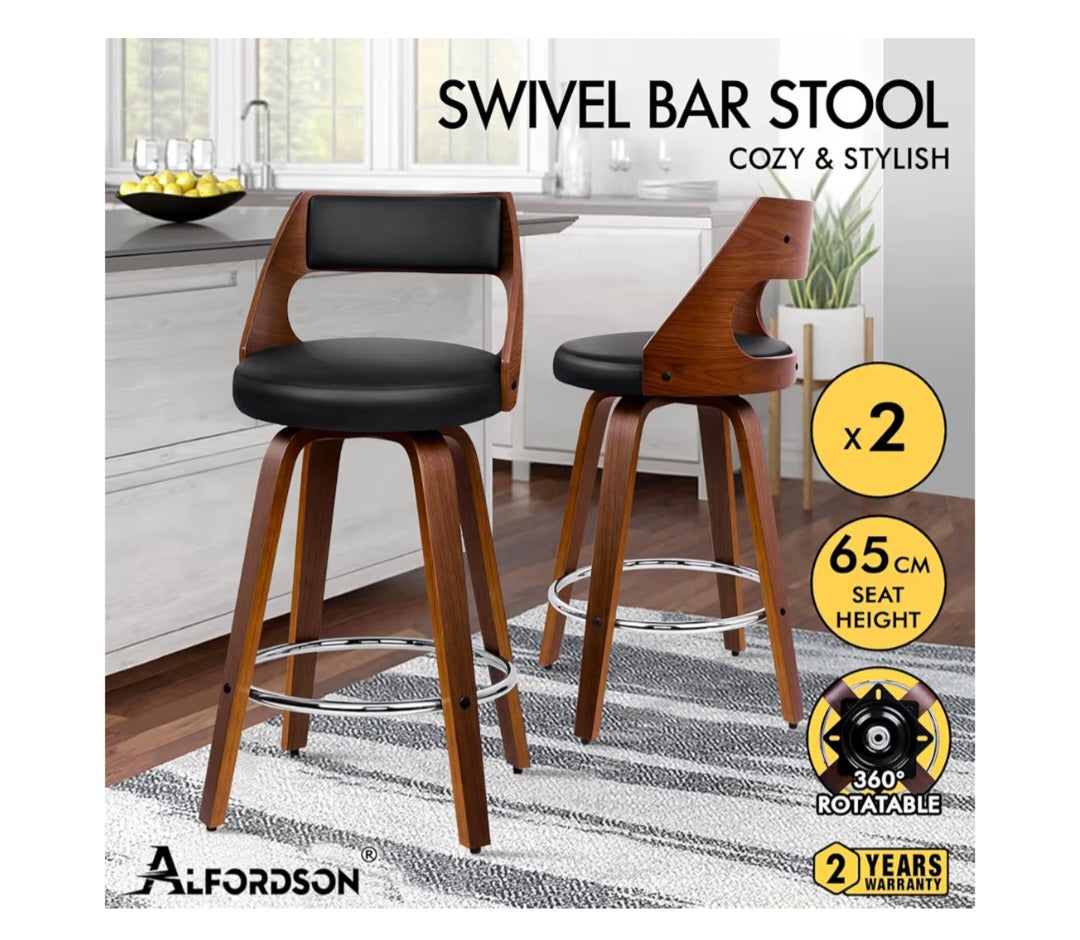 ALFORDSON Bar Stools Set of 2, Thick Padded Barstools PU Leather, Wooden Kitchen Chair with Backrest and Footrest, for Dining Room Pub Bar Countertop, 150KG Loads, Black