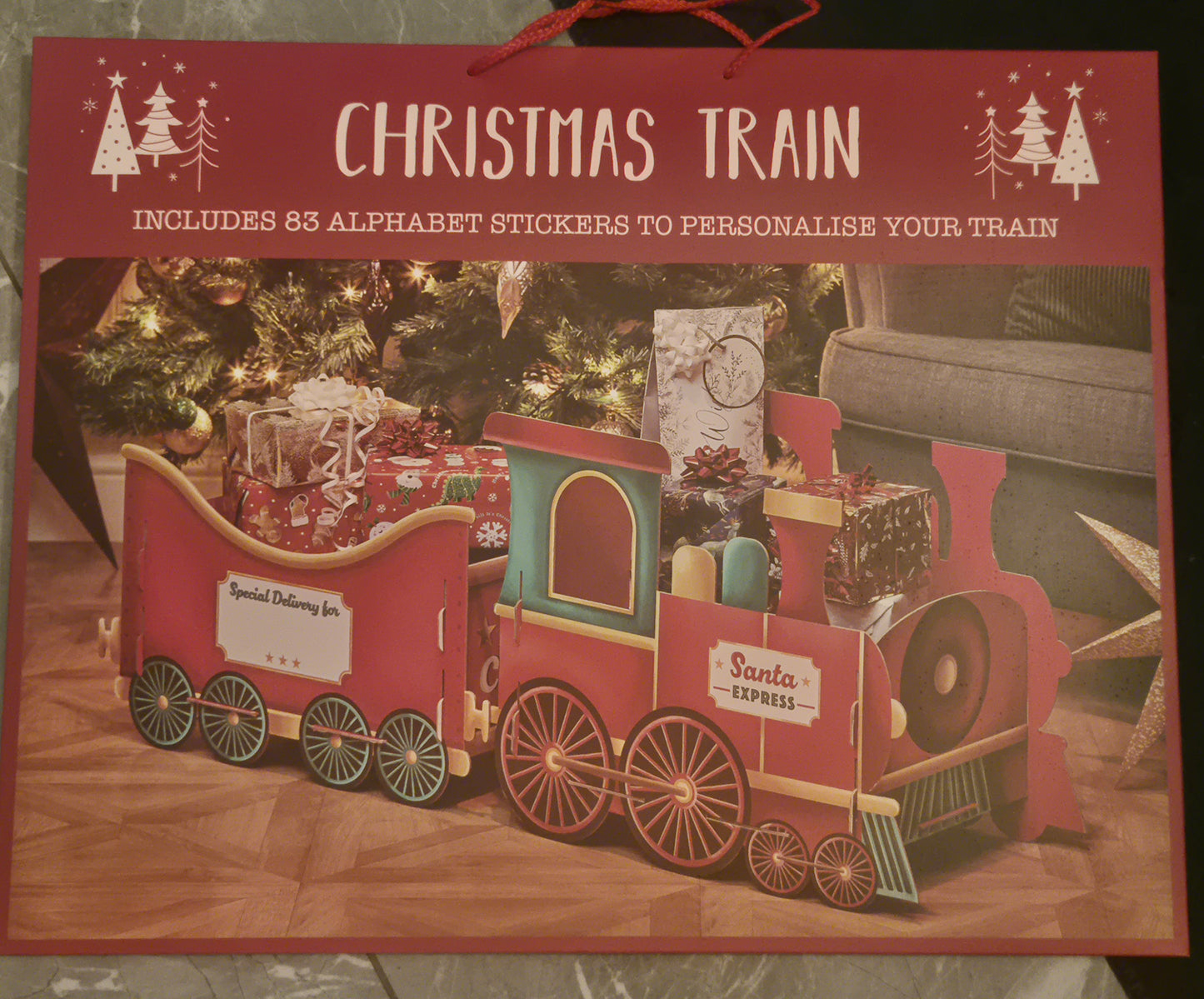 Christmas Train Gift Holder – Festive Cardboard Toy Train for Presents & Treats – 1200GSM with 83 Alphabet Stickers – Cute Christmas Morning Decoration for Kids