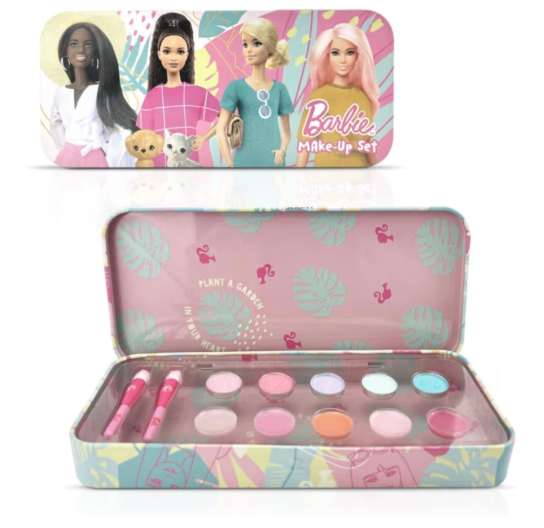 Barbie Kids Makeup Set Keepsake Tin – 10 Piece Children’s Makeup Kit (5 Eyeshadows, 5 Lip Balms) with Applicators – Reusable Metal Pencil Case Gift for Girls