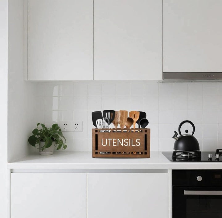 Large Real Wood Utensil Caddy