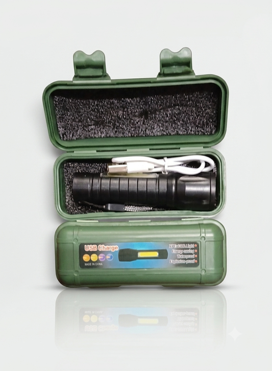Compact Camping LED Flashlight with Telescopic Zoom COB Side Light USB