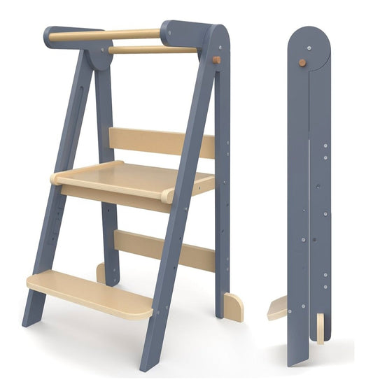 Yornoli Foldable Wooden Step Stool Ladder for Kids Toddler Standing Tower Kitchen Child Steps Stool, Grey
