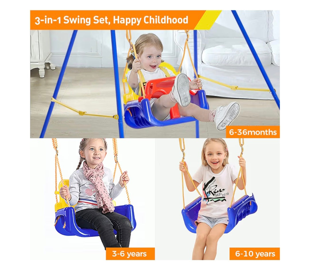 FUNLIO 3-in-1 Swing Set for Toddler with 4 Sandbags, Heavy-Duty Kid Swing Set with Safety Harness, for Backyard, Indoor/Outdoor Play, Folding Metal Stand & Clear Instruction, Easy to Assemble & Store