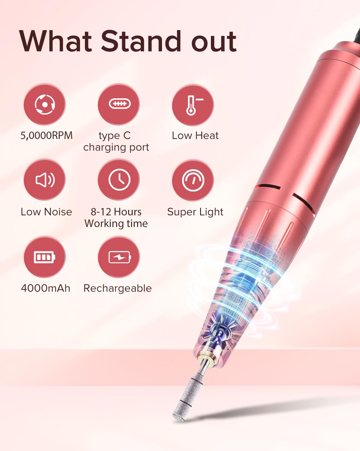 Electric Nail Drill 50,000 RPM Rechargeable Cordless LED Display Kit for Manicure & Pedicure - Pink