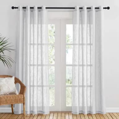 PONY DANCE Linen Look Voile Curtains 84 Drop - Eyelet Top Semi Transparent Sheer Panels Window Net Curtains for Bedroom/Living Room/French Door, Set of 2, 52 x 84 Inches, Light Grey