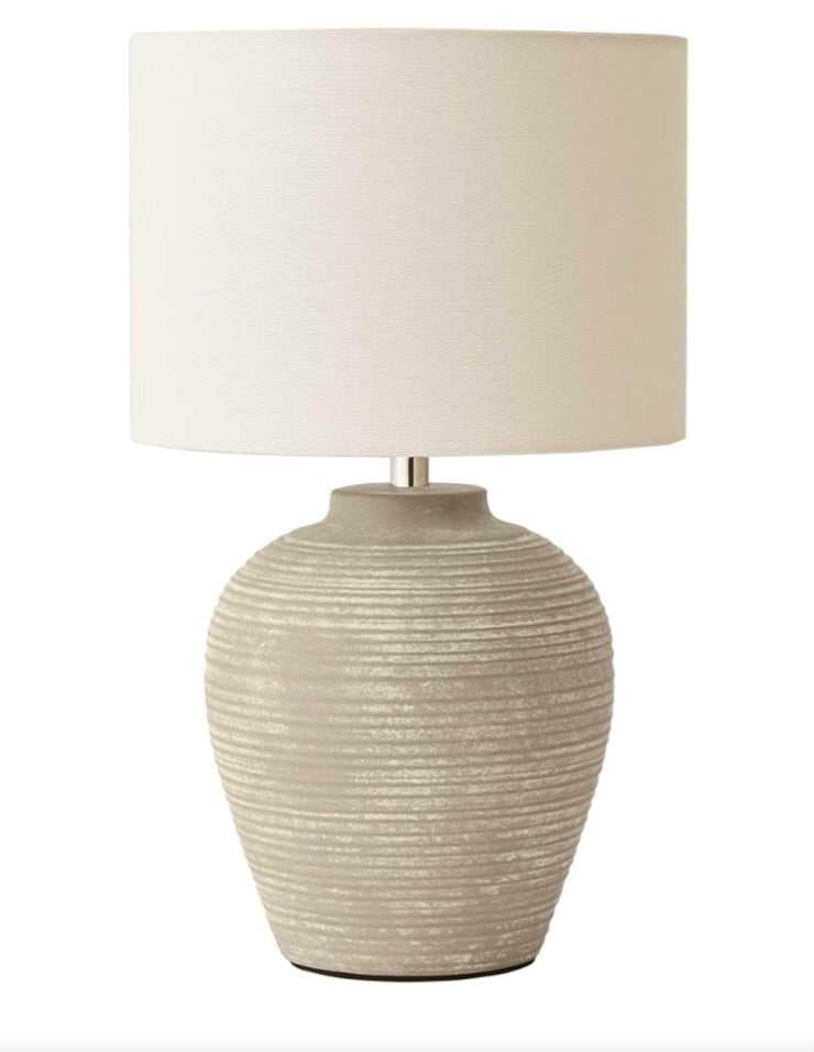 Reid Linen Drum Lamp Shade Stone Grey Ribbed Ceramic Small Table Lamp | Table Lamps, Home Décor