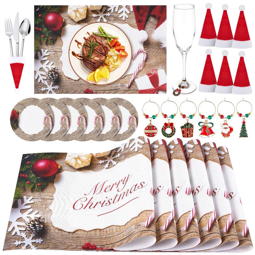 16 IN 1 Premium Christmas Placemats Sets, Coasters, Wine Glass Charms, Cutlery Holders