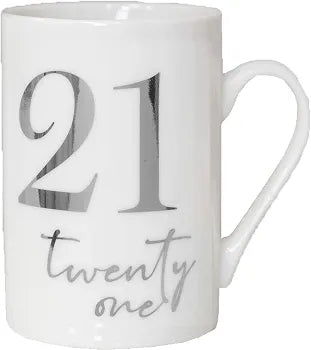 White Bone China Mug with Silver Foil Number - 21 Twenty one 21st Birthday