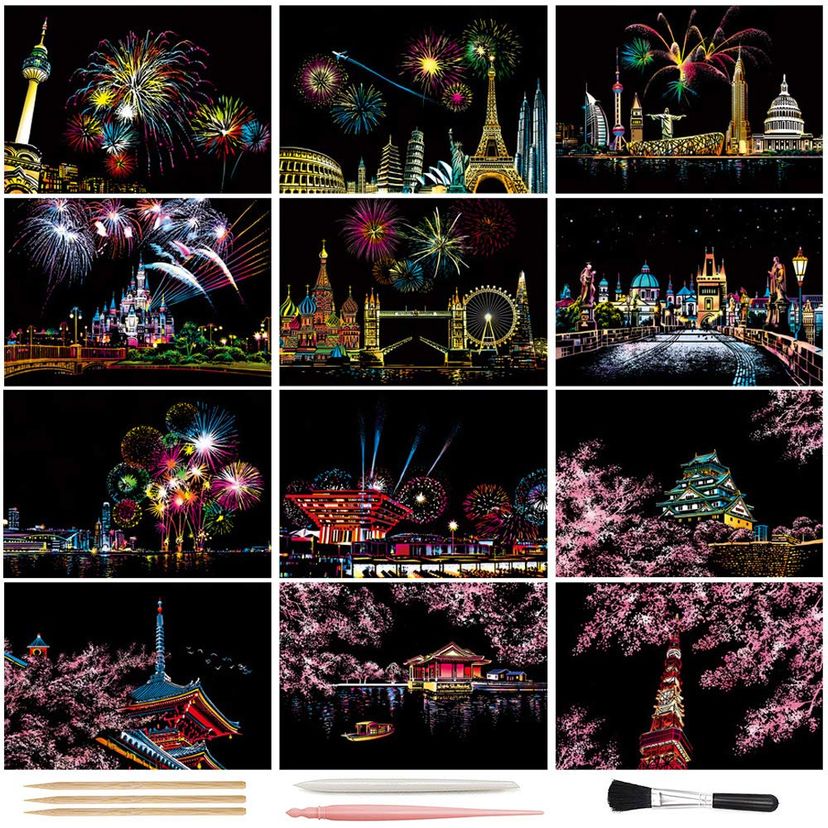 Magic Scratch Art Paper Set - Rainbow Landscape, 12 Sheets & Tools