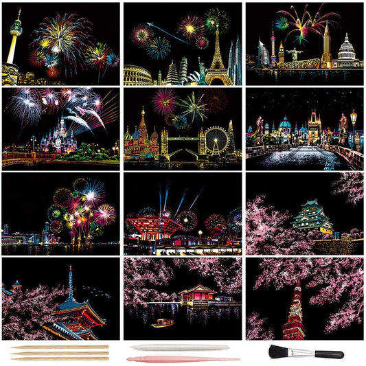 Magic Scratch Art Paper Set - Rainbow Landscape, 12 Sheets & Tools