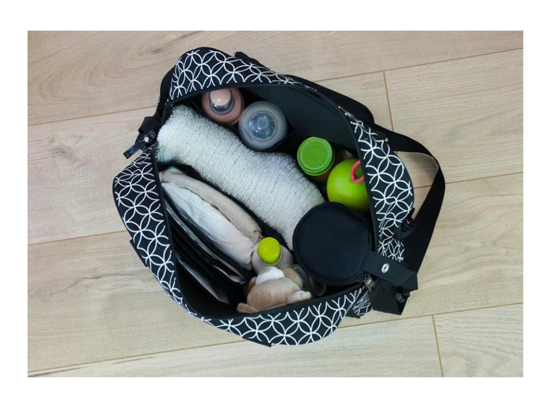 BABY ON BOARD Simply Star Changing Bag (Black/White) with Changing Mat & Bottle Holder