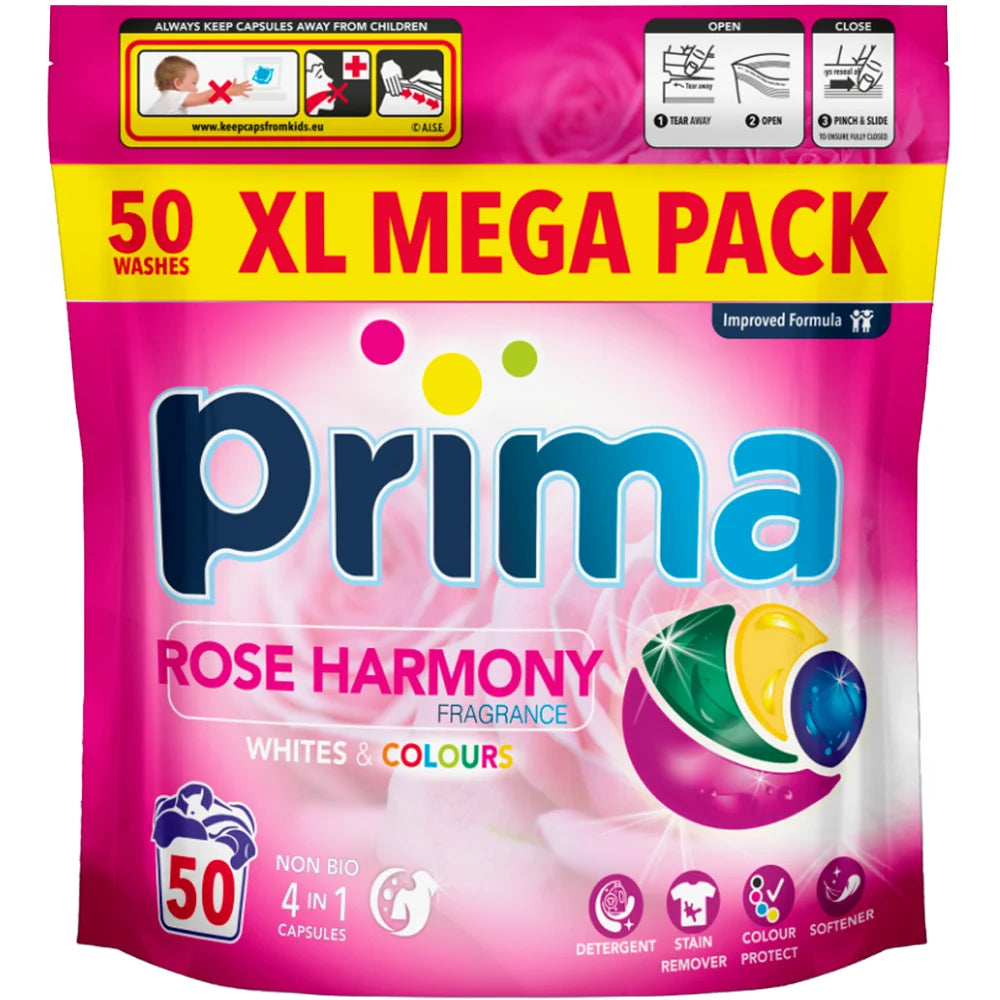 Prima 4-in-1 Non-Bio Laundry Tabs - Rose Harmony - XL - 50 Pods