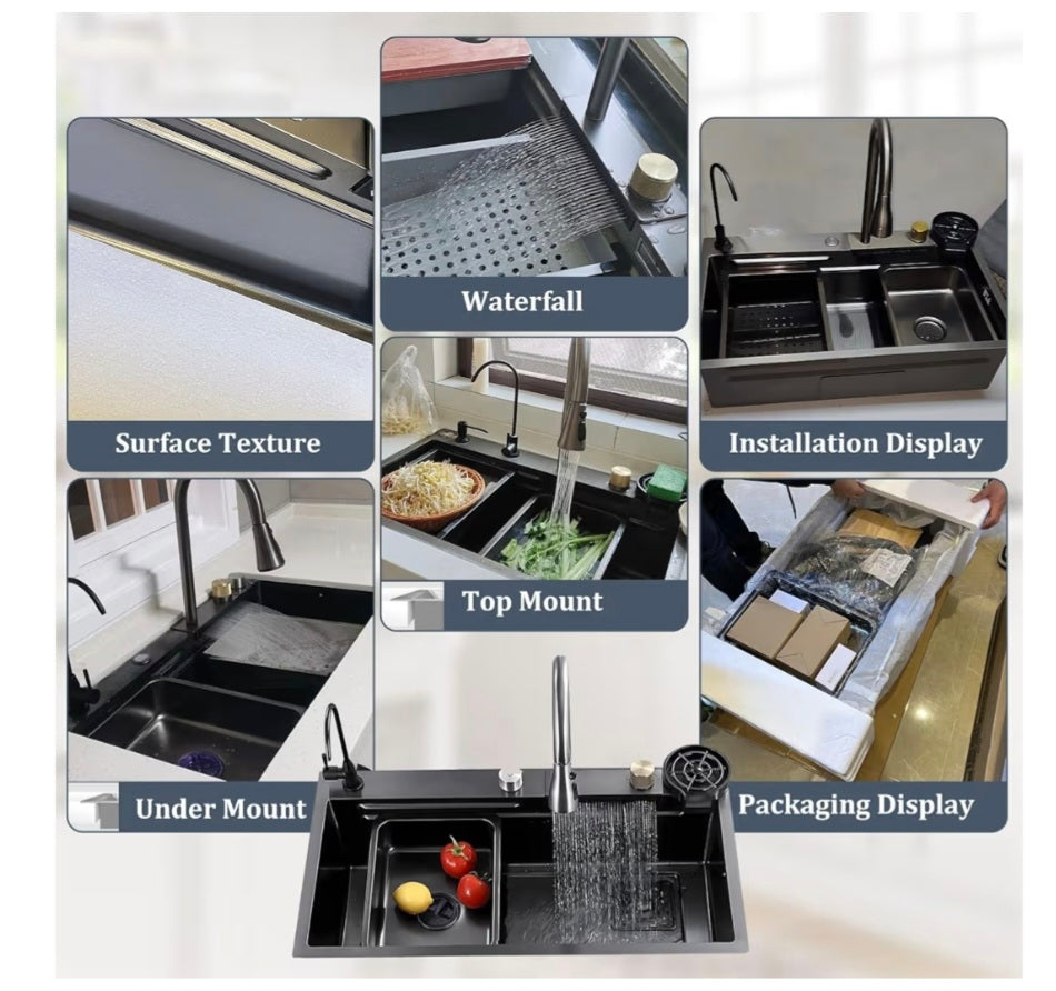 Stainless Steel Waterfall Kitchen Sink Combo With Pull-Out Faucet Nano-Coated Topmount Single Bar Bowl Sink, Workstation Sink With Accessories, Pressure Pot Washer(Black-Grey B,85x50cm) Gold dials