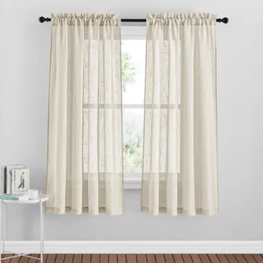 PONY DANCE 63 Drop Voile Curtains - Linen Sheer Net Curtain Privacy Net Curtains for Windows with Slot Top for Bedroom/Kids Room, Kitchen Net Curtains 2 Panels, W 52 inch x L63, Beige Cream