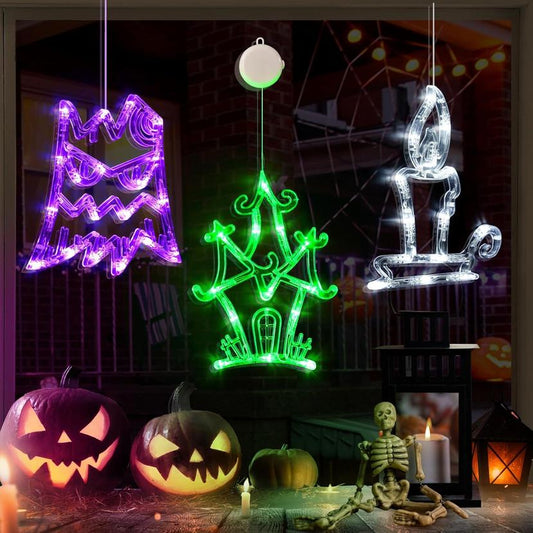 Halloween Lights 3 Pack - Ghost Tree, Haunted House & Candle Window Lights with Timer & Fade Mode