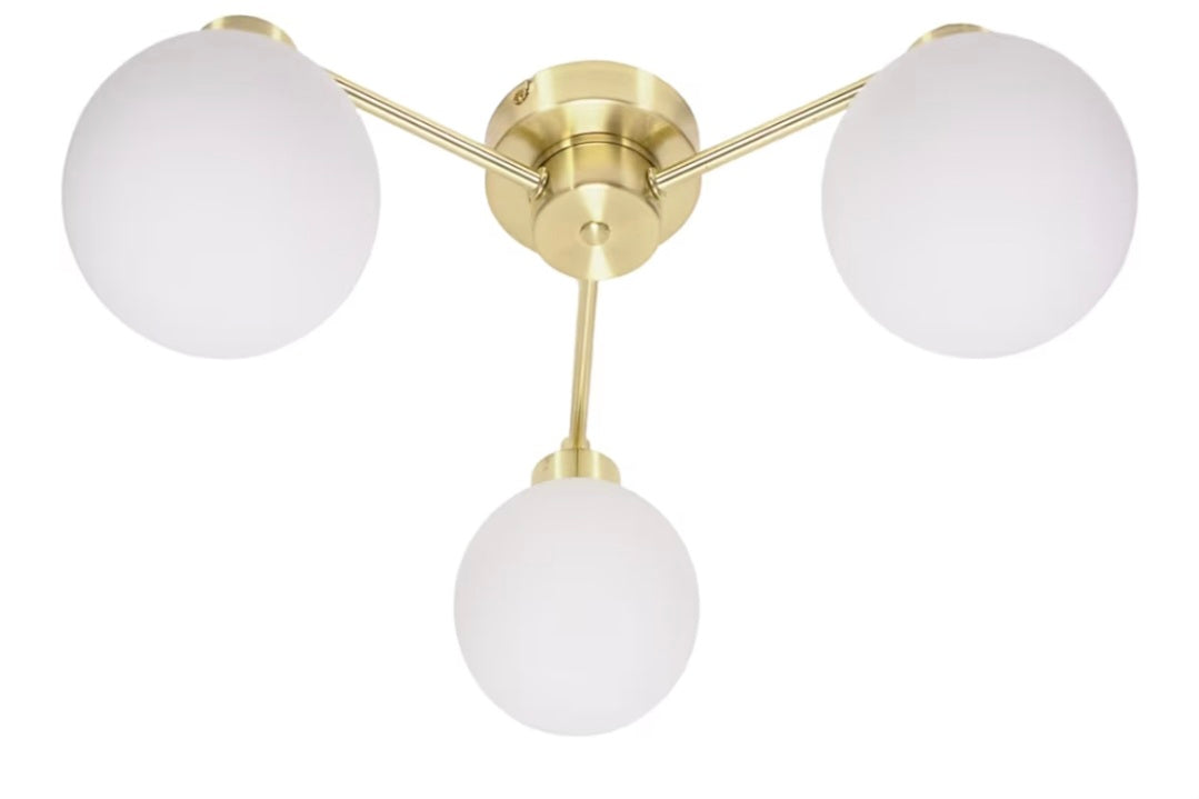 3 Way Brushed Gold Ceiling Light Fitting with Globe Shades | Close-to-Ceiling Lights, Home Décor & Improvement Essential | Mains Wired
