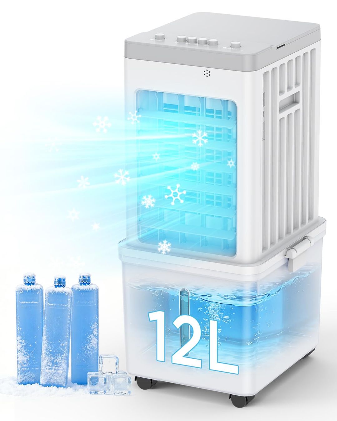Portable Evaporative Air Cooler 12L 4-in-1 Quiet 35dB 3-Speed 120° Oscillation Detachable Tank with Wheels - White