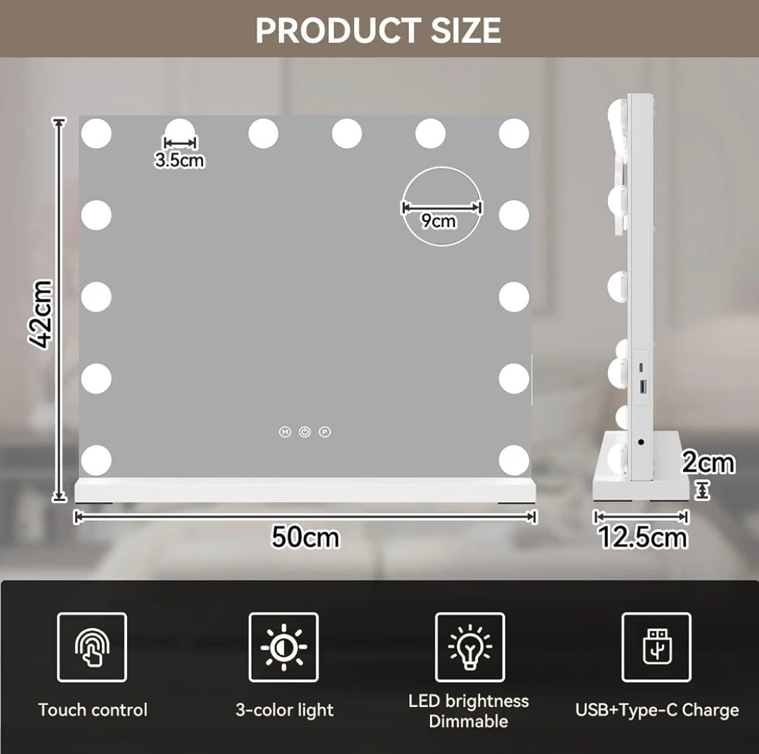Hollywood Vanity Mirror with Lights, Large Lighted Makeup Mirror 14 Dimmable LED Bulbs, Touchscreen, USB Charging Port, Tabletop or Wall Mounted Light Up Vanity Mirror, 50x42cm -Bedroom