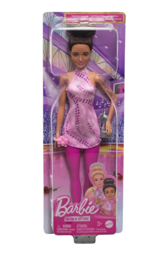 Barbie Careers Fashion Doll & Accessories, Brunette Ice Skater in Removable Pink Outfit with Ice Skates & Trophy, HRG37