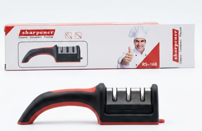 4-in-1 Kitchen Knife Sharpener, Professional Grade with Tungsten Steel, Ceramic Slots, Scissor Sharpening, Black, Red, Removable Grinding Head