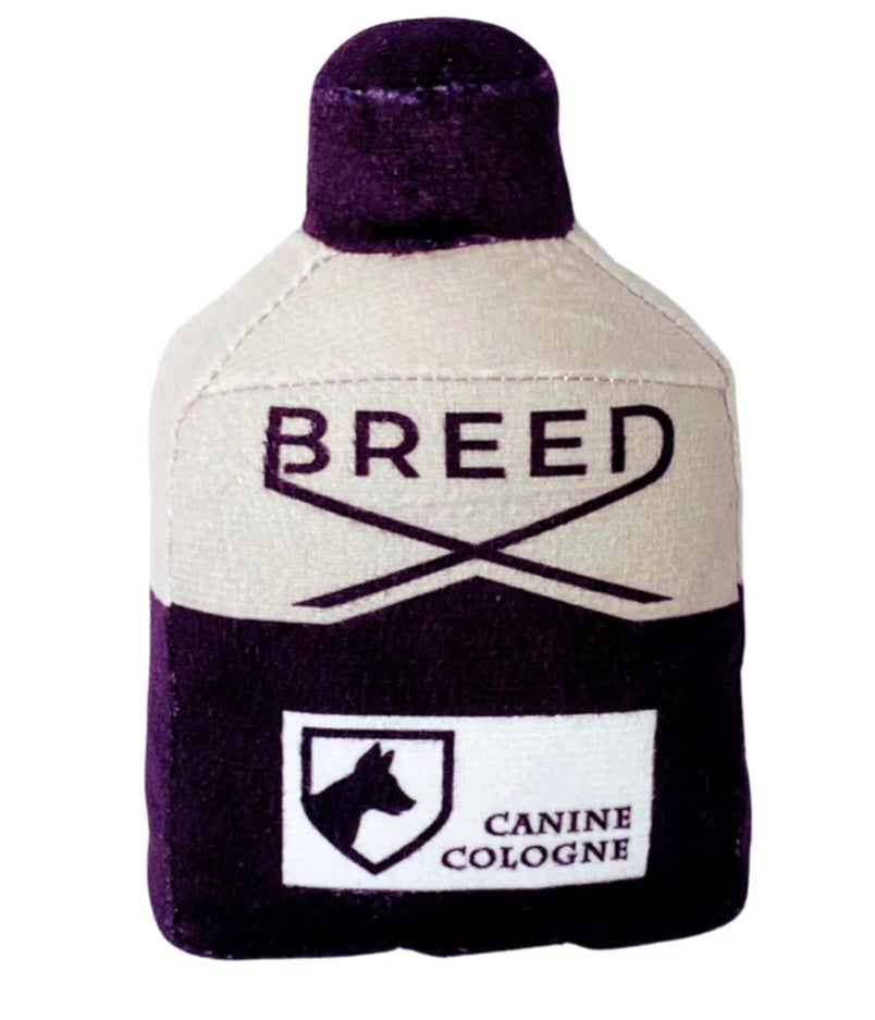 Designer-Inspired Squeaky Pet Toy – Plush Chew Toy (Breed Cologne, Black/Grey