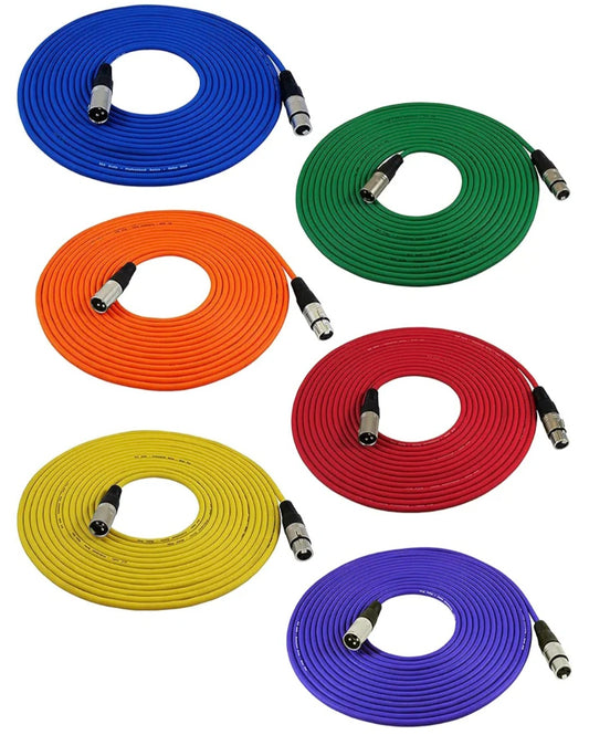 GLS Audio XLR Cable – 25ft Male to Female XLR Microphone Cable 6-Pack - Balanced Mic Cables - Multicoloured