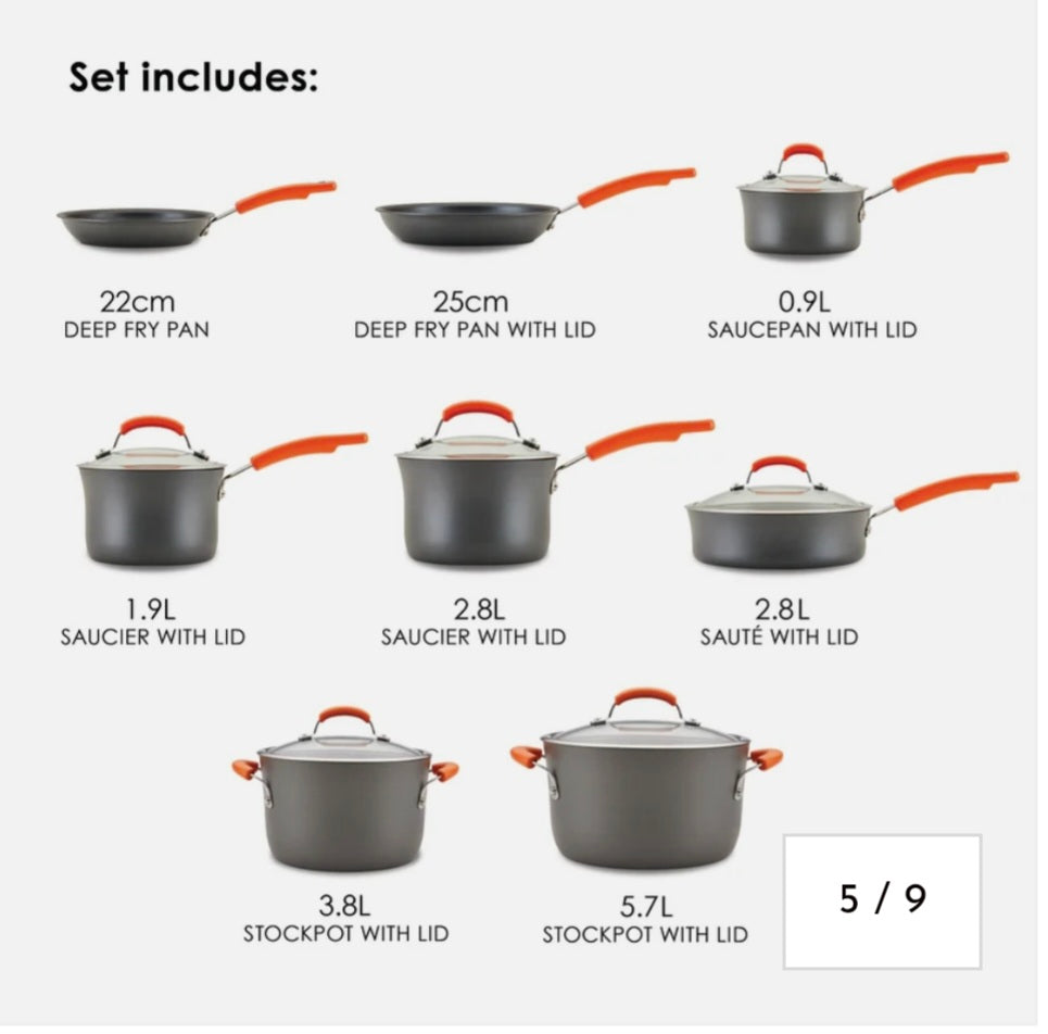 Rachael Ray Hard Anodised Nonstick 8 piece Pots and Pans Set, dishwasher safe with toughened glass lids and orange handles