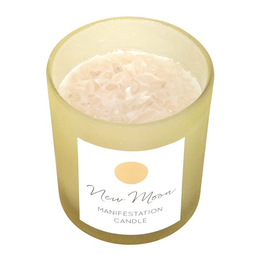 New Moon Wild Orange Manifestation Candle with Clear Quartz in Glass Jar