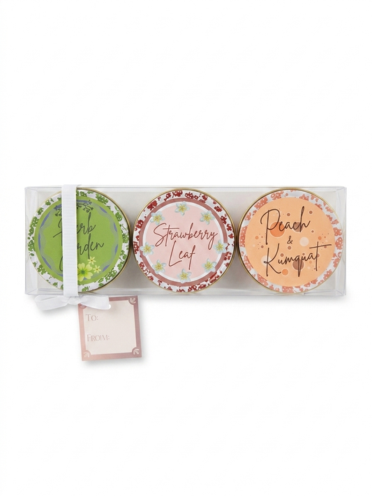 Candle Gift Set Of Three - Herb Garden, Strawberry Leaf, Peach & Kumquat Tinned Candles