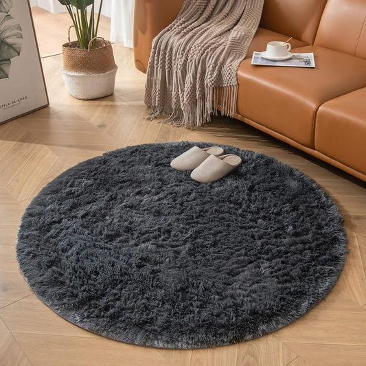 Luxurious Fluffy Grey Rug 150CM - Non-Slip, Washable, Soft Shaggy Carpet for Living Spaces
