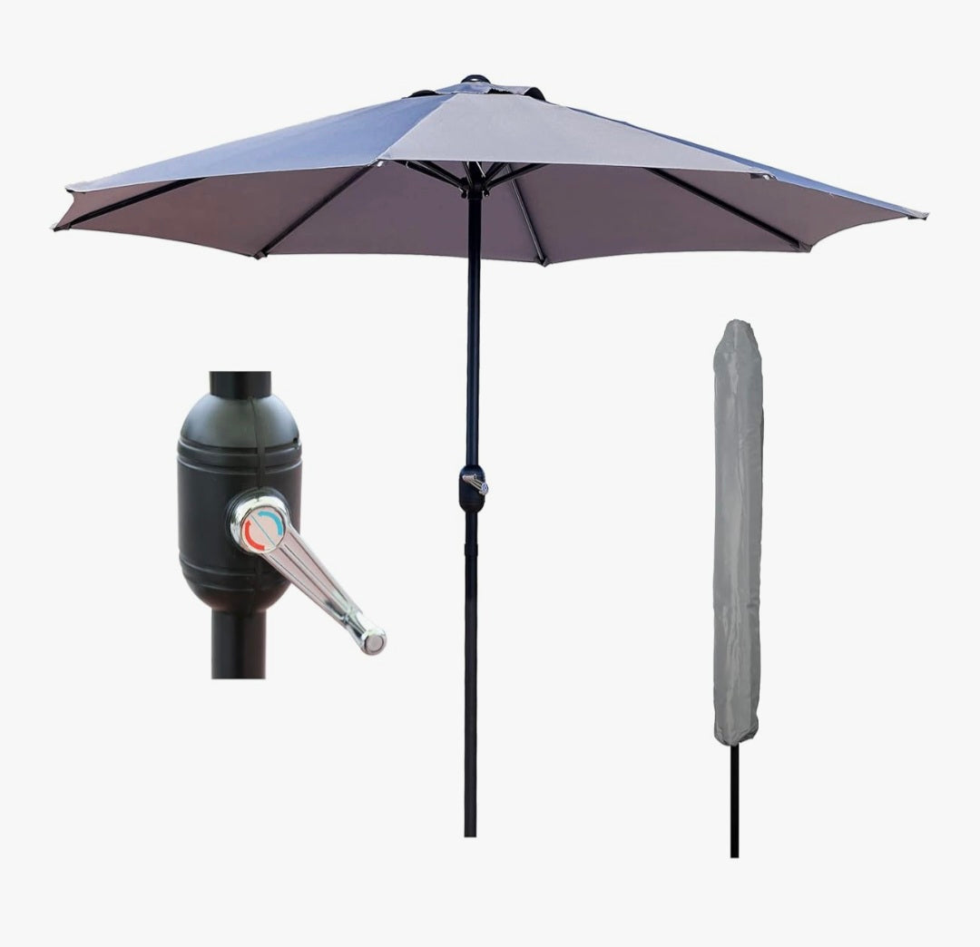 GlamHaus Garden Parasol Table Umbrella 2.7M with Crank Handle for Outdoors, UV40 Protection, Includes Protection Cover, Gardens and Patios - Robust Steel (Grey