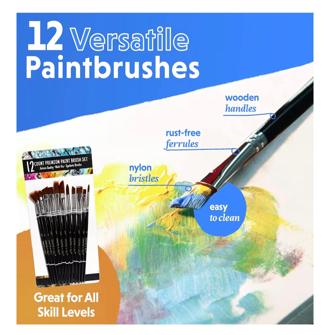 Crafts 4 All Paint Brushes 12 Set Professional Paint Brush Round Pointed Tip Nylon Hair Artist Acrylic Brush for Acrylic Watercolor Oil Painting