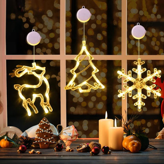Warm White Reindeer & Snowflake Christmas Window Lights 3-Pack - Battery Operated with Timer & Suction Cups
