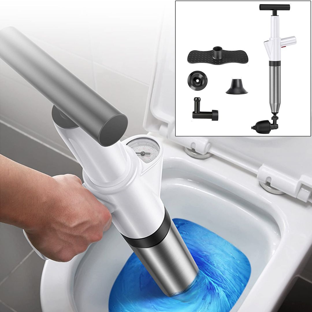 5-in-1 High-Pressure Plunger Toilet & Drain Unblocker with Air Spiral – White