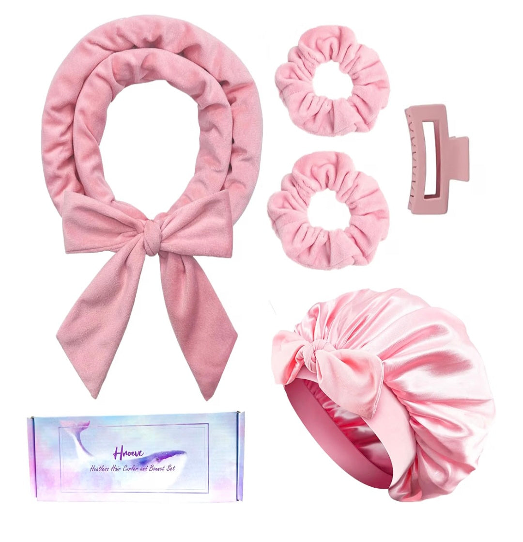 No Heat Overnight Curls Headband with Double Layer Bonnet - Soft Hair Curlers to Sleep In, heatless Curling Rods Set + Silk Bonnet for Women & Girls Long Hair, Heatless Waves & Volume (Pink)