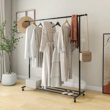 BOFENG Heavy Duty Clothes Rail on Wheels, wardrobe storage organiser,Metal coat racks with shoe storage clothes rack for bedroom,free standing clothing rail,hanging Rail shelf