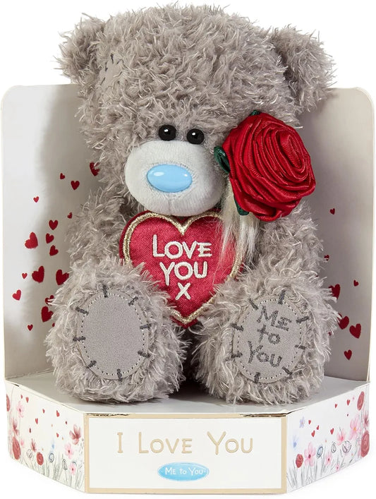 Me to You Tatty Teddy Plush 15cm-High I Love You Bear With Rose On Luxury Gift Plinth - Official Collection