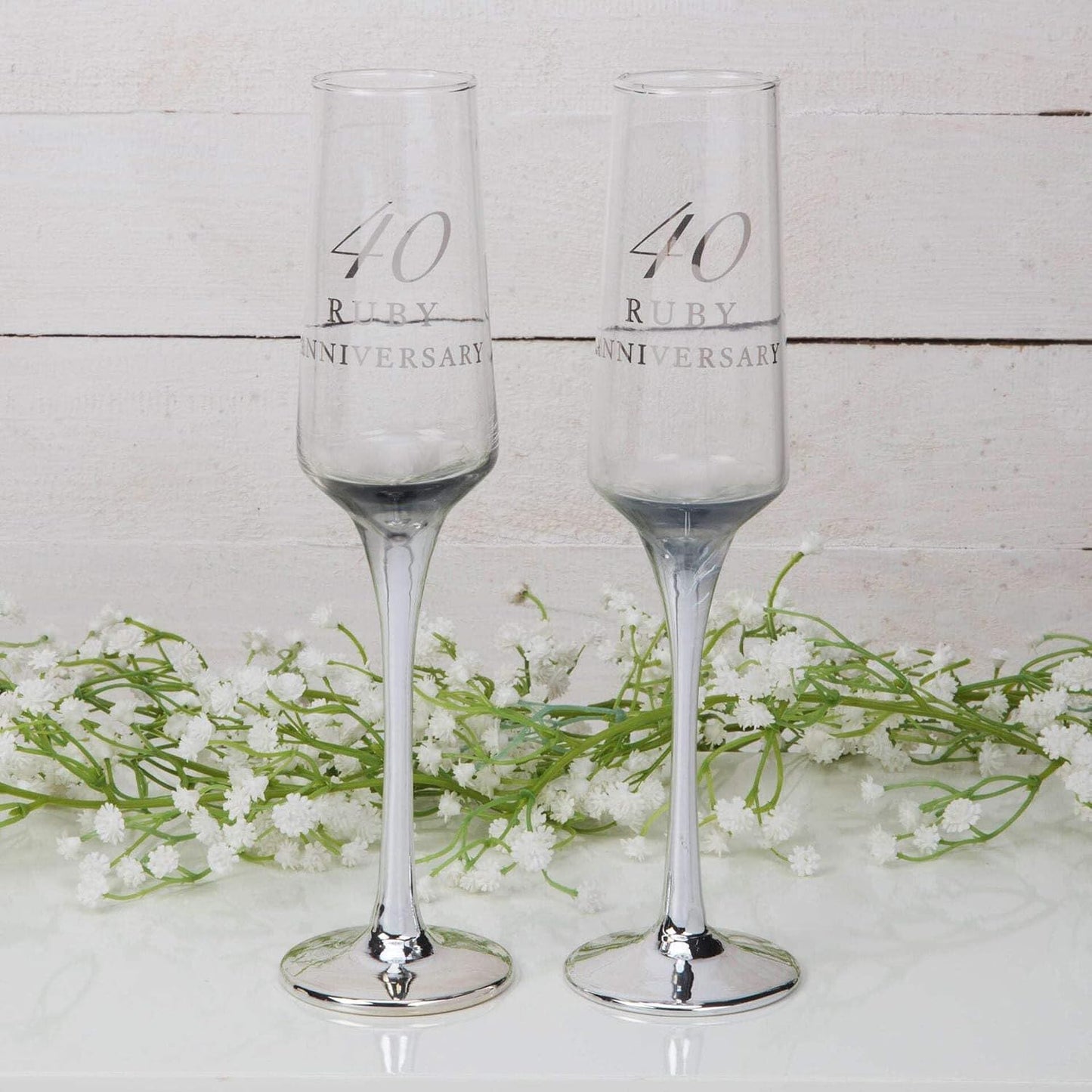 Personalised Amore Set of 2 Ruby 40th Wedding Anniversary Straight Champagne Flutes with silver stems