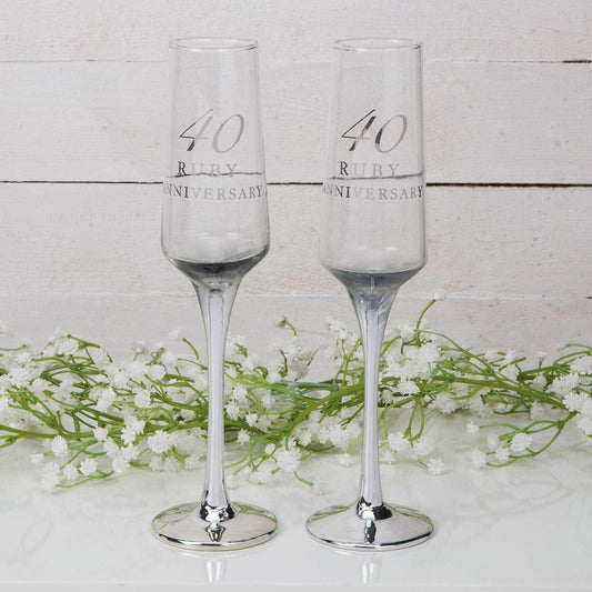 Personalised Amore Set of 2 Ruby 40th Wedding Anniversary Straight Champagne Flutes with silver stems