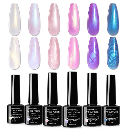 Pearl Gel Nail Polish Set, 6 Colors Pearlescent Glitter Shimmer Drawing Mermaid Gel Polish Shell Swirl Thread Effect Soak Off UV Gels for Nail Art Manicure