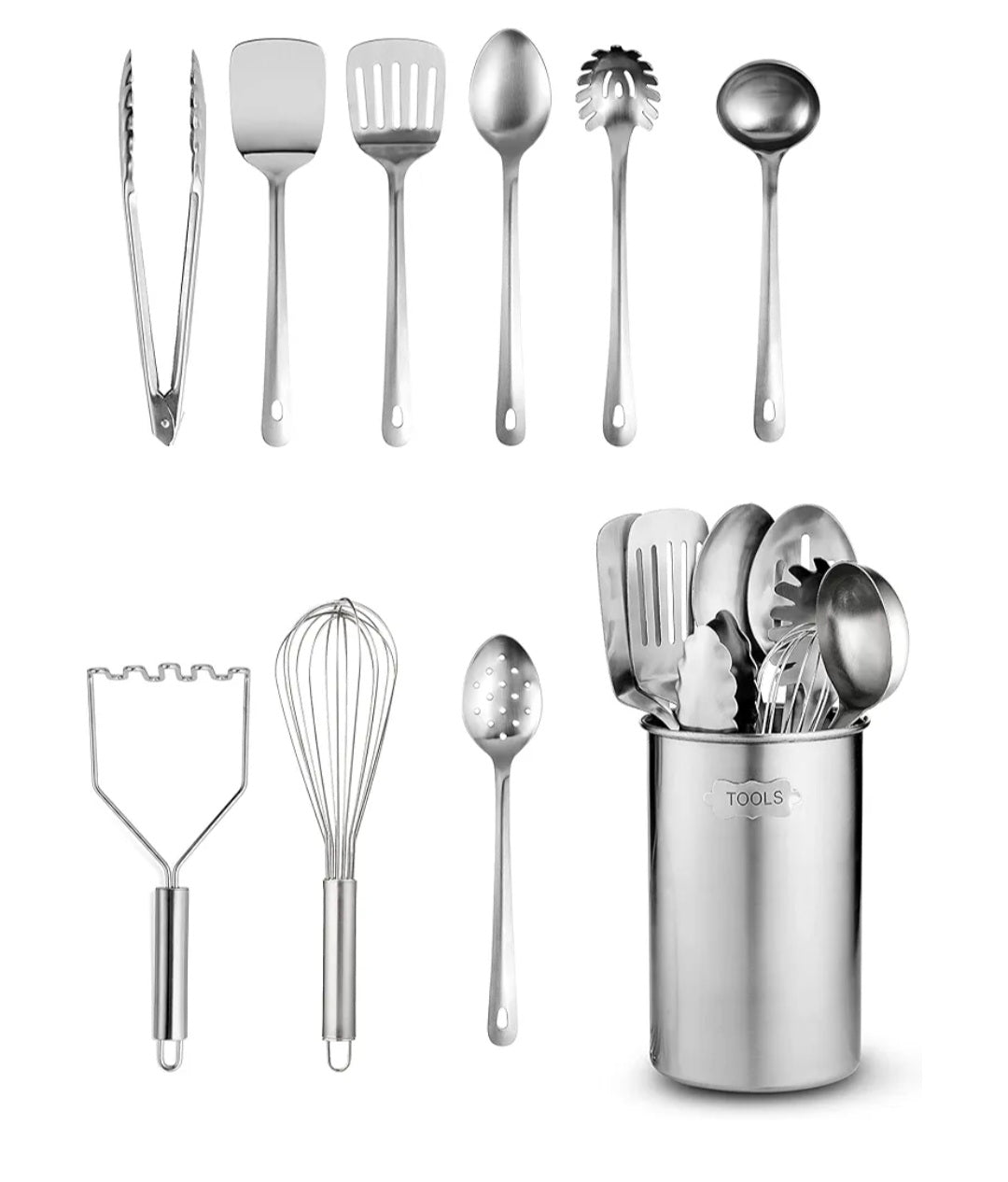 FineDine Kitchen Utensils Set - 10-Piece, Stainless-Steel Cooking Utensils w/Spoons, Whisk, Spatula, Tongs, Ladle, Masher & Cooking Utensils Holder - Kitchen Accessories, Gadgets and Tools