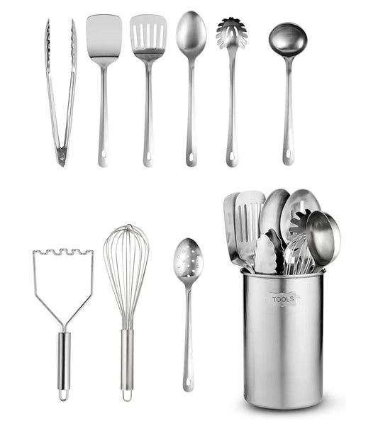 FineDine Kitchen Utensils Set - 10-Piece, Stainless-Steel Cooking Utensils w/Spoons, Whisk, Spatula, Tongs, Ladle, Masher & Cooking Utensils Holder - Kitchen Accessories, Gadgets and Tools