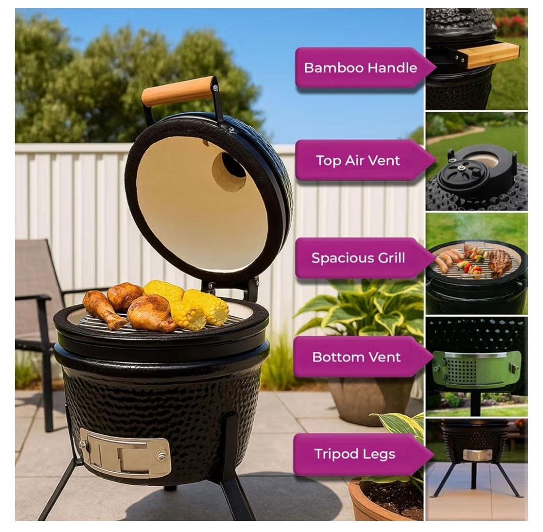 Neo Kamado 13" Ceramic Mini BBQ Grill Smoker Egg Charcoal Cooking Oven, Portable Oven and Smoker with Stand