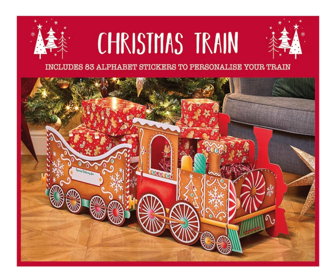 Christmas Train Gift Holder – Festive Cardboard Toy Train for Presents & Treats – 1200GSM with 83 Alphabet Stickers – Cute Christmas Morning Decoration for Kids