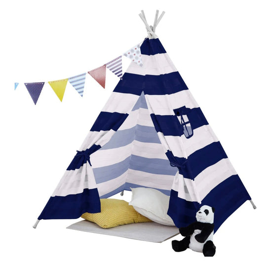 Neo Navy and White Stripe Canvas Kids Indian Tent TeePee